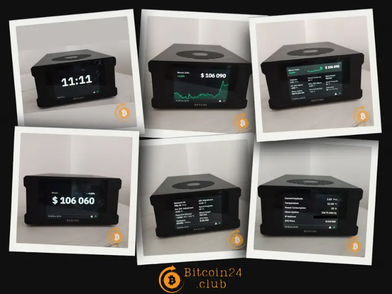 Collage of 6 Braiins Mini Miner 101 units with Bitcoin24.club logo