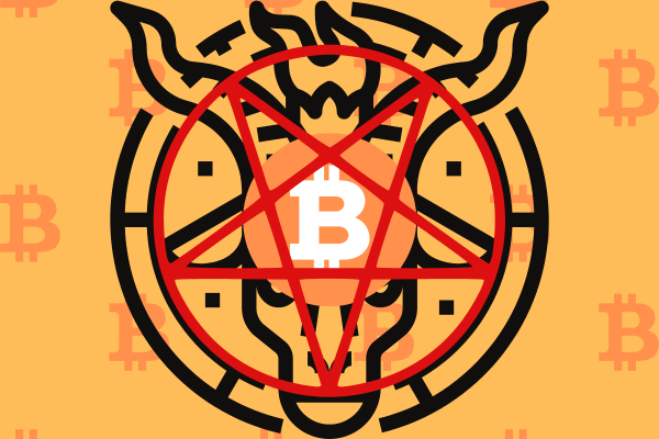 Image of the 10 Holy Commandments of Bitcoin with BTC logos, a goat, and a red pentagram symbolizing altcoin and NFT darkness