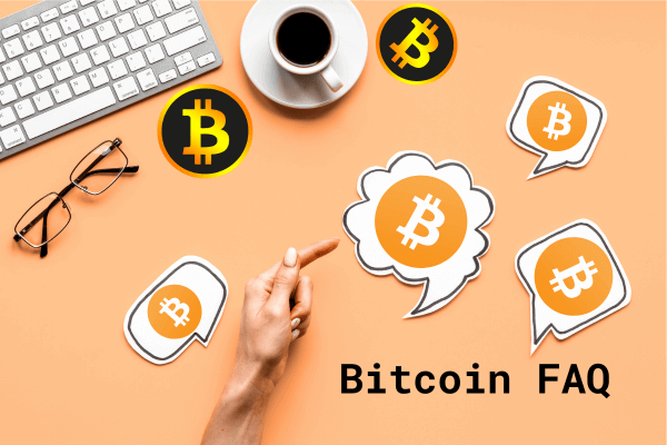 Bitcoin FAQ illustration with coin bubbles on orange background